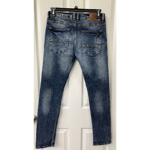 Alcott Men's distressed stone wash blue denim buttonfly jeans - Picture 2 of 5